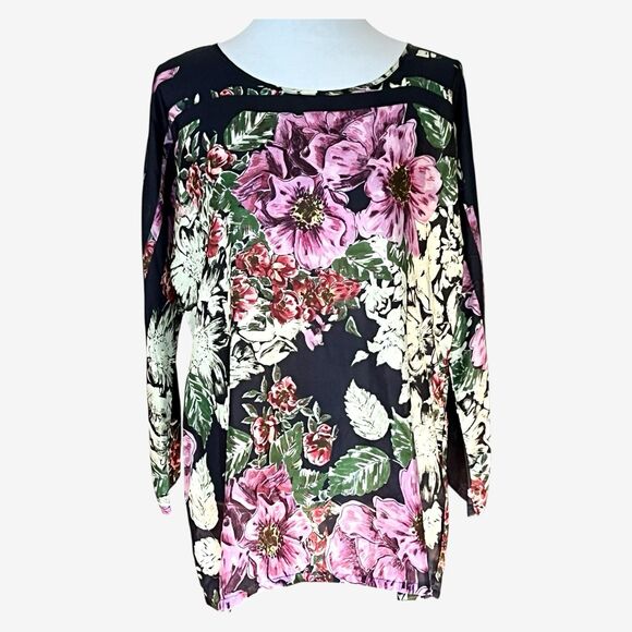 Johnny Was Tunic Top Blue Purple Cream Floral Silk Med - Picture 1 of 9